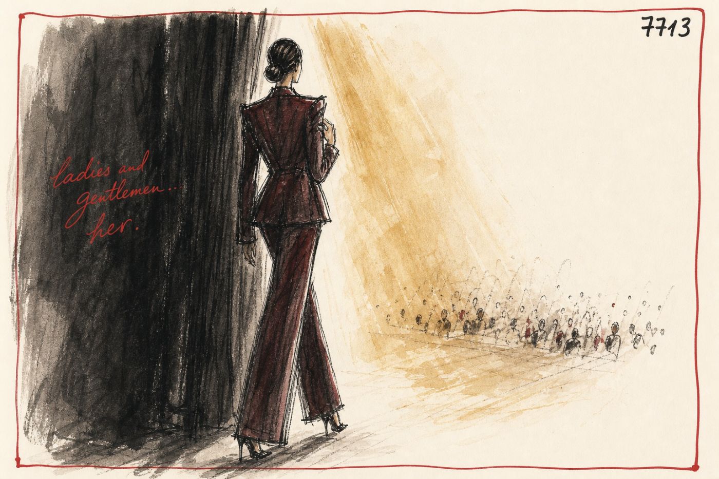 Fashion sketch: a speaker steps from the wings toward a full house — 'ladies and gentlemen… her.'