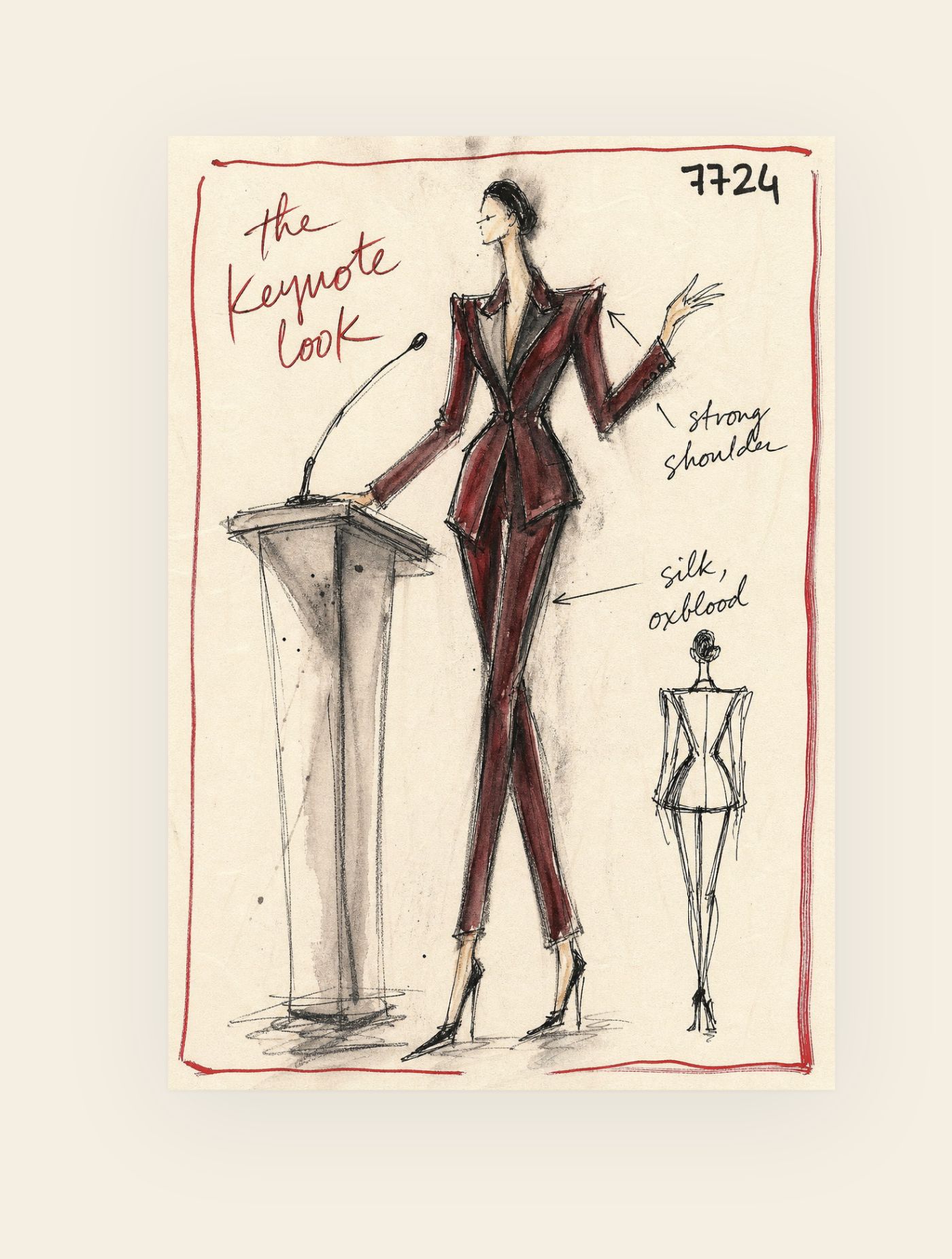 Fashion sketch: the keynote look — a speaker at the podium