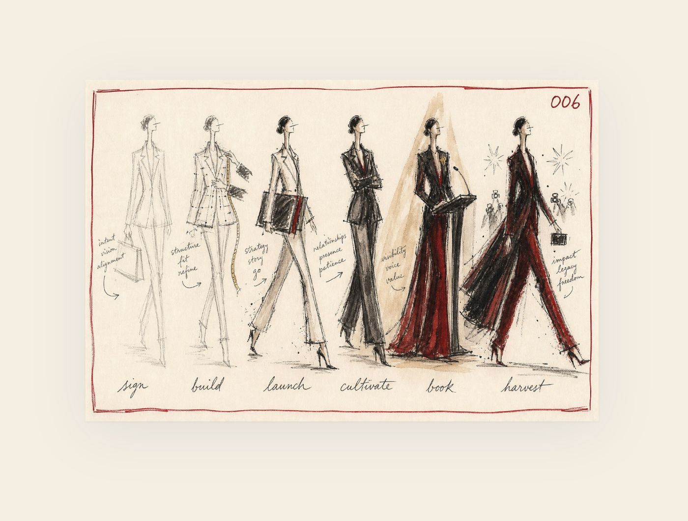 Fashion sketch: the client lifecycle in six looks
